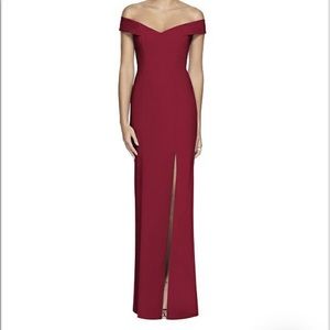 Dessy off the shoulder burgundy bridesmaid dress